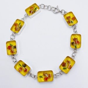 Vintage Sterling Silver Natural Flowers Set In Resin Link Bracelet